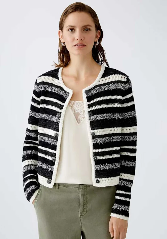 Oui Striped Pattern Button Up Cardigan, Black and White