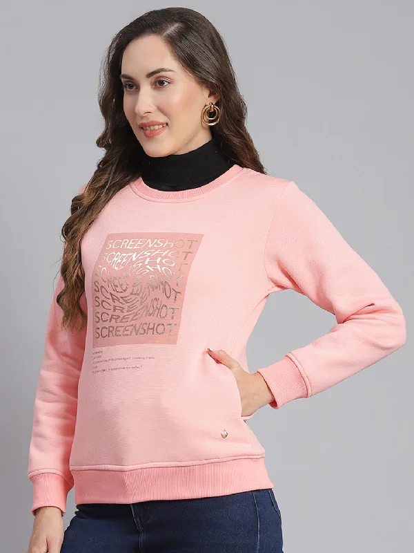 Women Pink Printed Round Neck Full Sleeve Sweatshirts