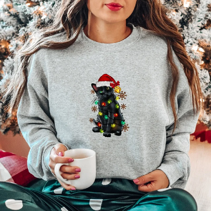 Black Cat Christmas Lights Sweatshirt, Cat Lover Crewneck, Christmas Kitten Sweater, Cat Mama Holiday Outfit