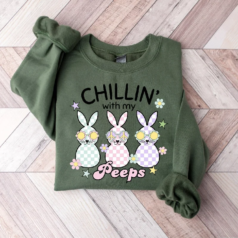 Chillin With My Peeps Easter Sweatshirt, Hello Spring Crewneck, Funny Easter Sweater, Cute Bunny Shirt