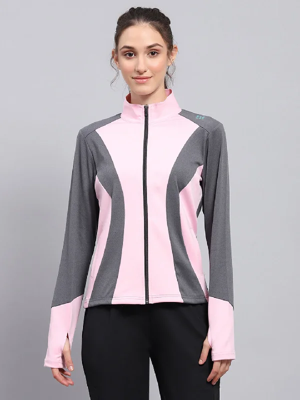 Women Pink & Grey Solid Mock Neck Full Sleeve Sweatshirt