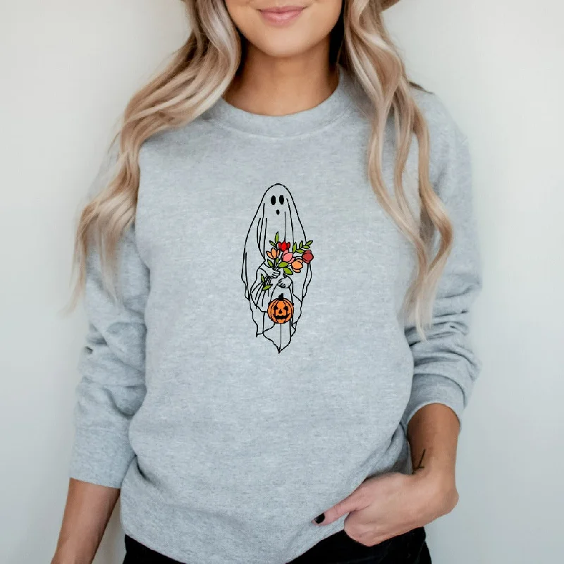 Floral Ghost Halloween Sweatshirt, Ghost with Flowers and Pumpkins Crewneck, Cute Halloween Sweater