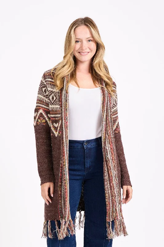 Fringe Hem Aztec Cardigan- Mocha