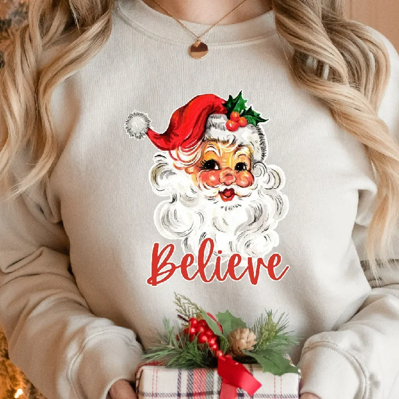 Believe Santa Christmas Sweatshirt, Retro Womens Christmas Sweater, Vintage Santa Crewneck Pullover, Holiday Gift