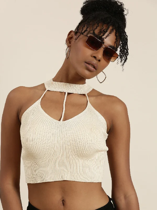 Halter Neck Solid Sleeveless Fitted Beige Crop Top