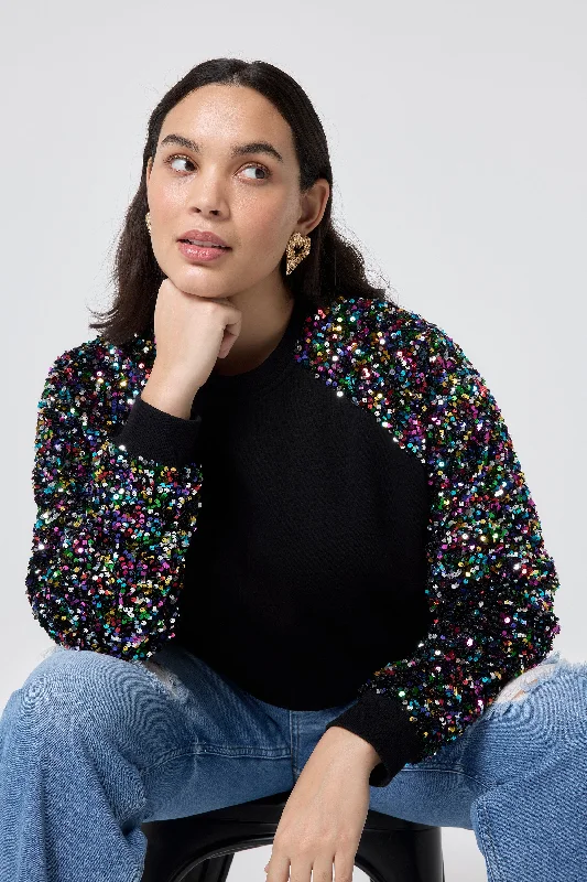 Black with Rainbow Sequin Sleeve Raglan Sweatshirt