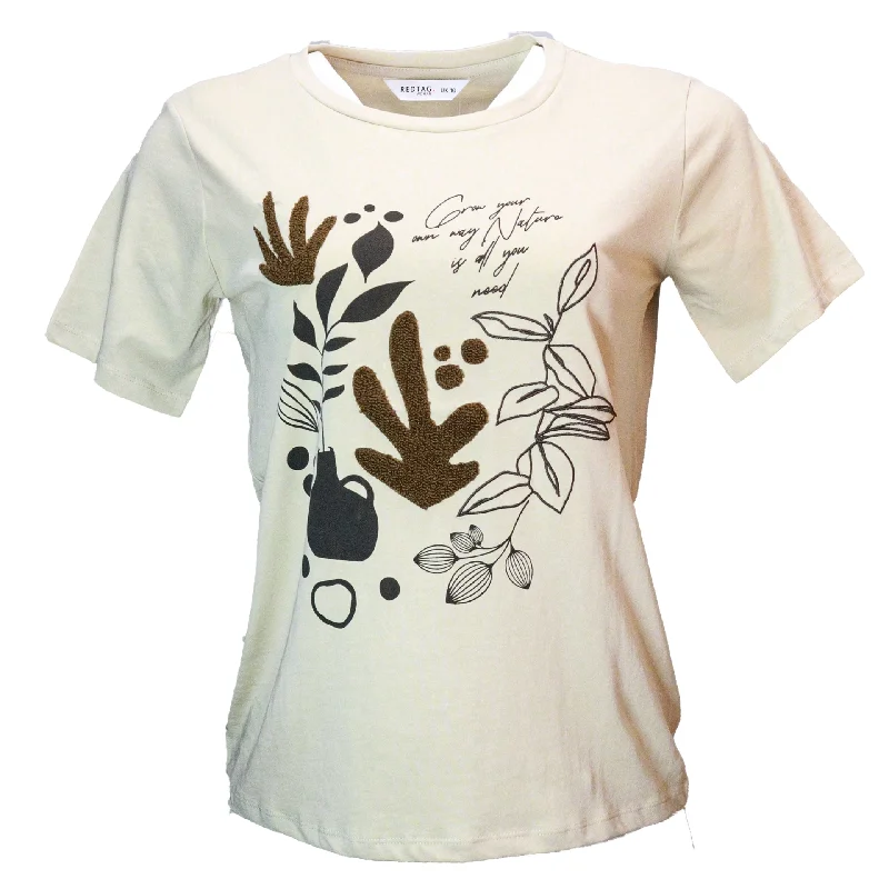 Beige Floral Toweling Emebellished T Shirt