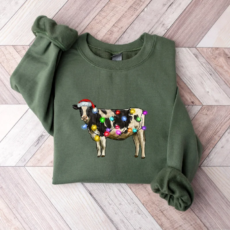 Cow Christmas Lights Sweatshirt, Funny Cow Lover Crewneck, Christmas Farm Sweater, Holiday Outfit, Cow Santa Shirt