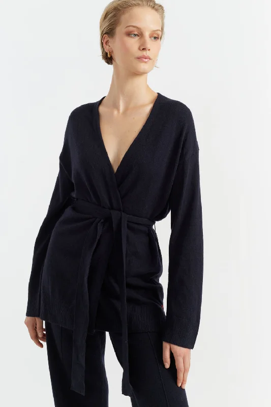 Navy Wool-Cashmere Belted Cardigan