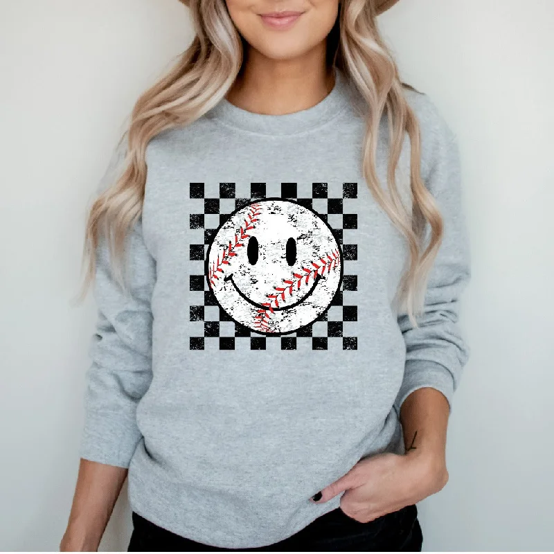 Baseball Smiley Face Sweatshirt, Baseball Game Day Crewneck for Women, Baseball Mom Gift