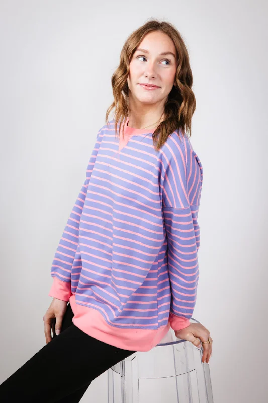 Stripe French Terry Relaxed Fit Sweatshirt for Women in Purple Pink | IT2880S-03-PURPLEPINK