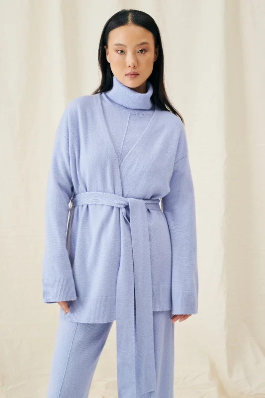 Washed-Blue Wool-Cashmere Belted Cardigan