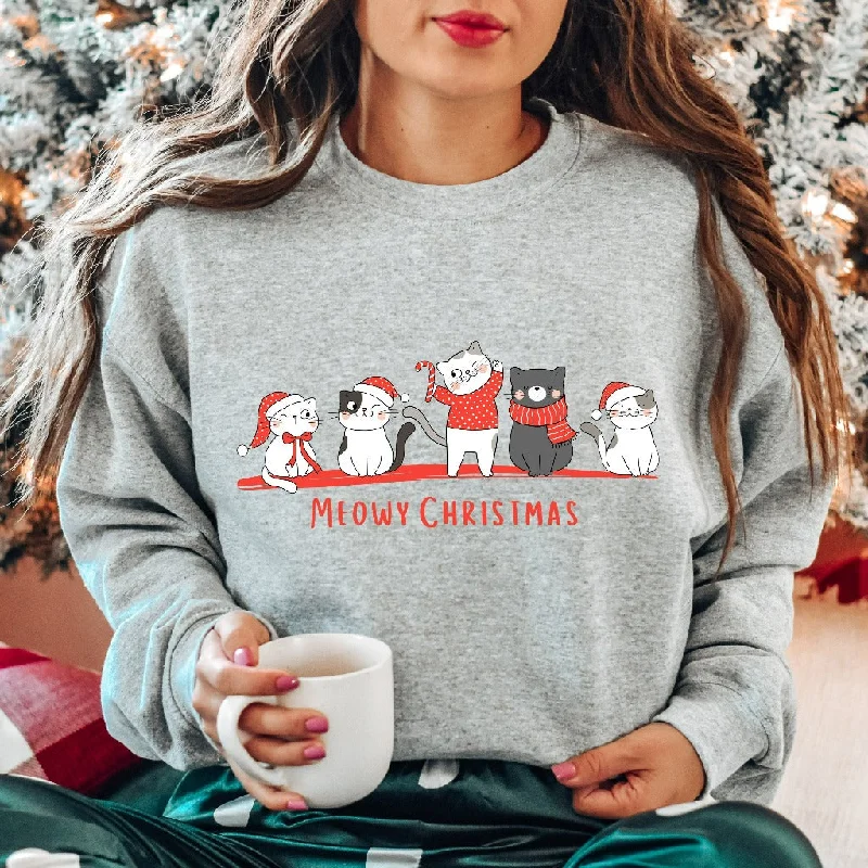 Meowy Christmas Crewneck Sweatshirt, Funny Christmas Cat Sweater, Cat Mama Shirt, Cat Mom Christmas Gift