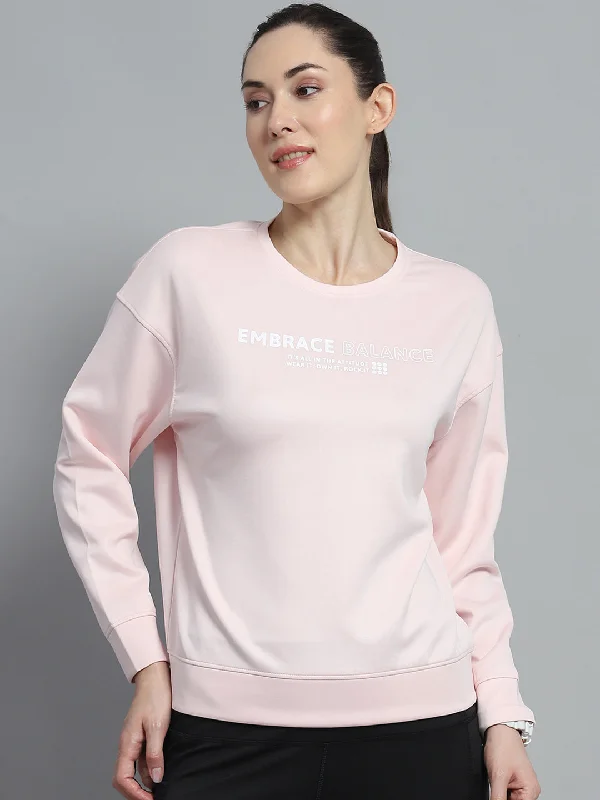 Women Pink Printed Round Neck Full Sleeve Sweatshirt