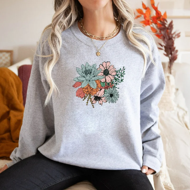 Floral Bouquet Crewneck Sweatshirt, Boho Flowers Sweater, Retro Floral Pullover, Vintage Botanical Wildflowers