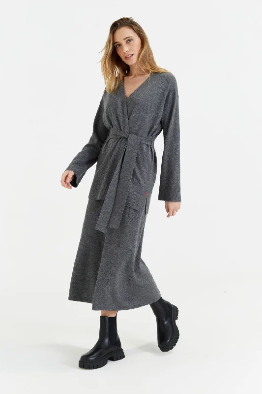 Grey Wool-Cashmere Belted Cardigan