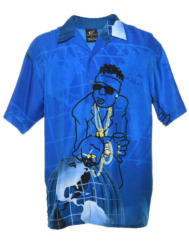 Y2K Blue & Black Illustrated Shirt - L