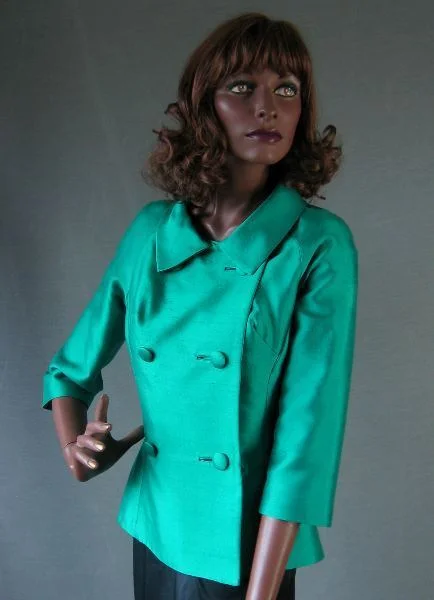 Women's 50s Vintage Jacket Emerald Green Fitted Silk Shantung Double Breasted Medium VFG