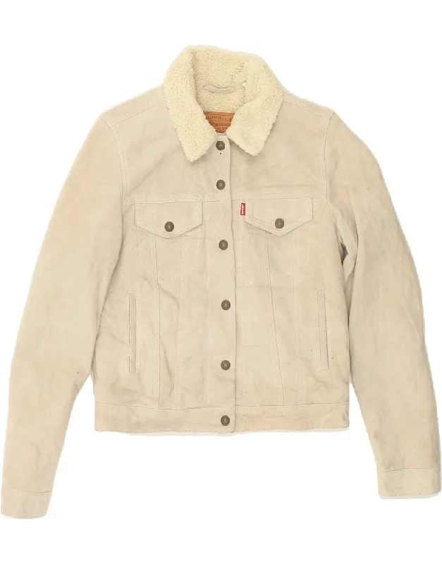 LEVI'S Womens Leather Sherpa Jacket UK 10 Small Beige Leather