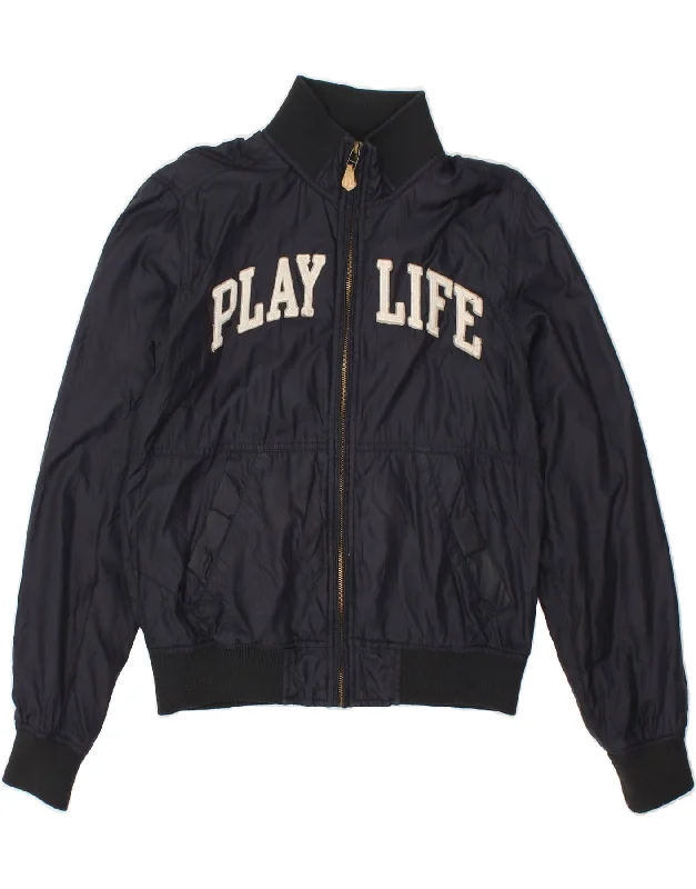 PLAYLIFE Womens Graphic Bomber Jacket UK 14 Medium Navy Blue