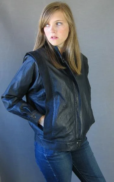 Women's Jacket  80s Vintage Leather Cafe Racer Thriller Inspired Dark Blue VFG M/L