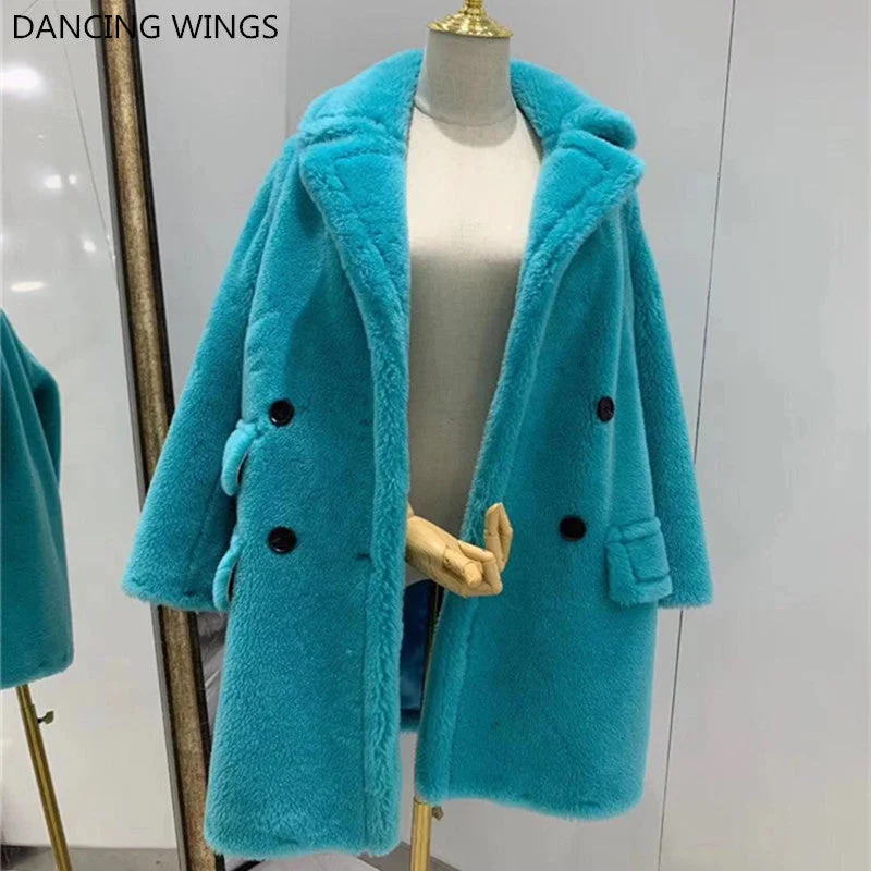 2019 Winter New Fashion Womens Teddy Bear Coat Real Wool Sheep Fur Long Coats Jacket Thick Warm