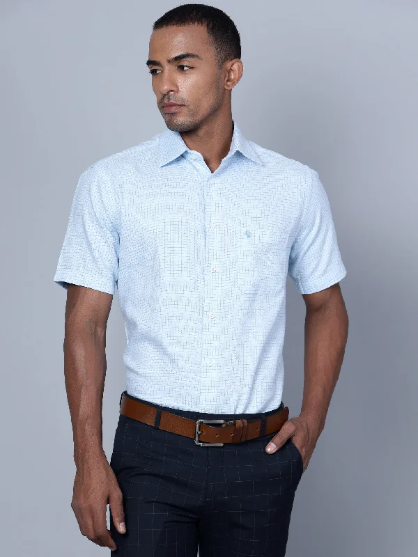 Men's Sky Blue Formal Small Checks Half Sleeve Shirt