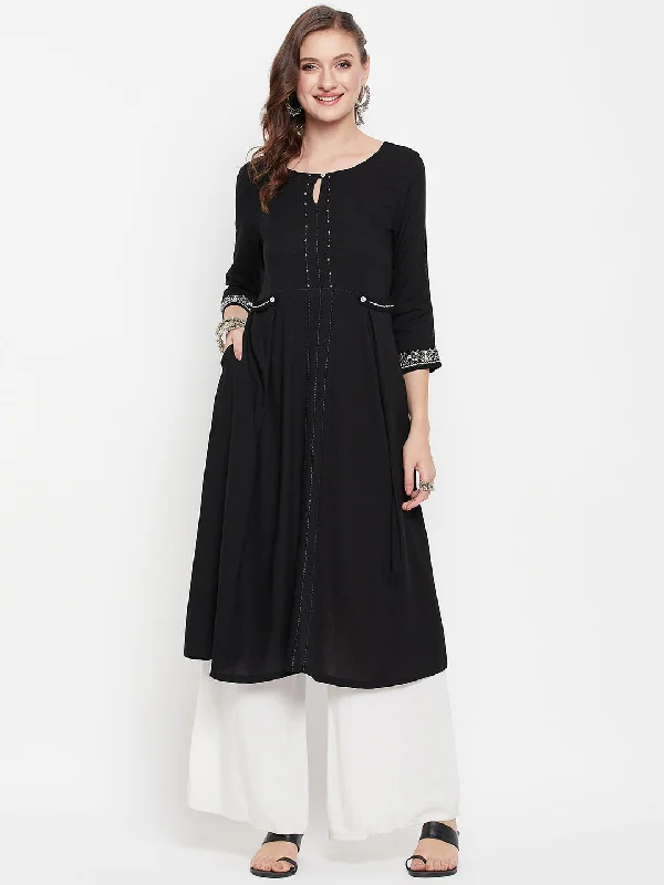 Women's  Round neck with Keyhole Black Embroidered Calf length Kurti