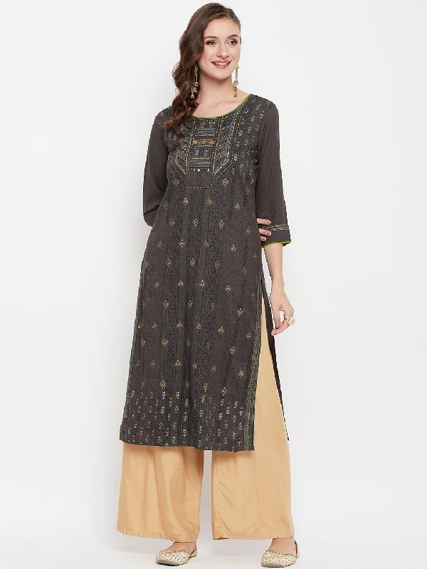 Women's  Round neck Dark Grey Printed Knee length Kurti