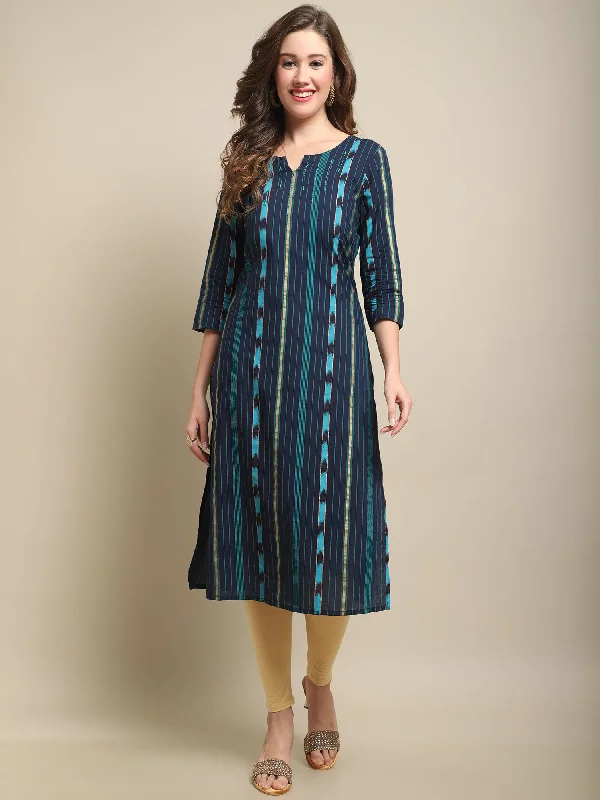 Women's  Round neck Navy Blue Stripe Calf length Kurti