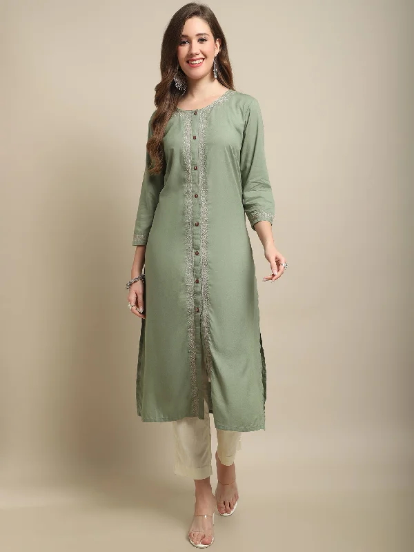 Women's  Round neck Olive Green Embroidered Calf length Kurti