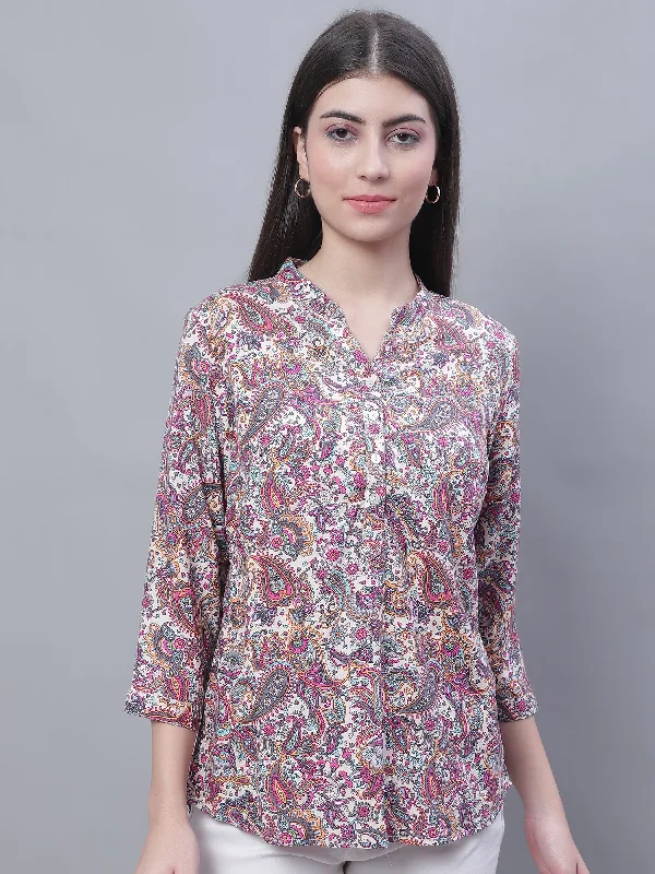 Women's Casual  Multi Color Paisley Print Mandarin Collar Tunic