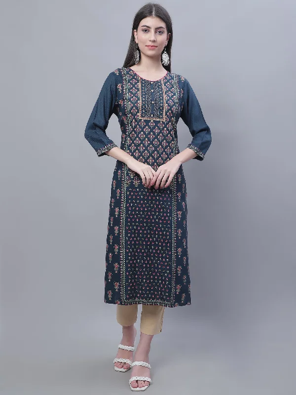 Women's Casual Round neck Teal All over Printed Calf length Kurti