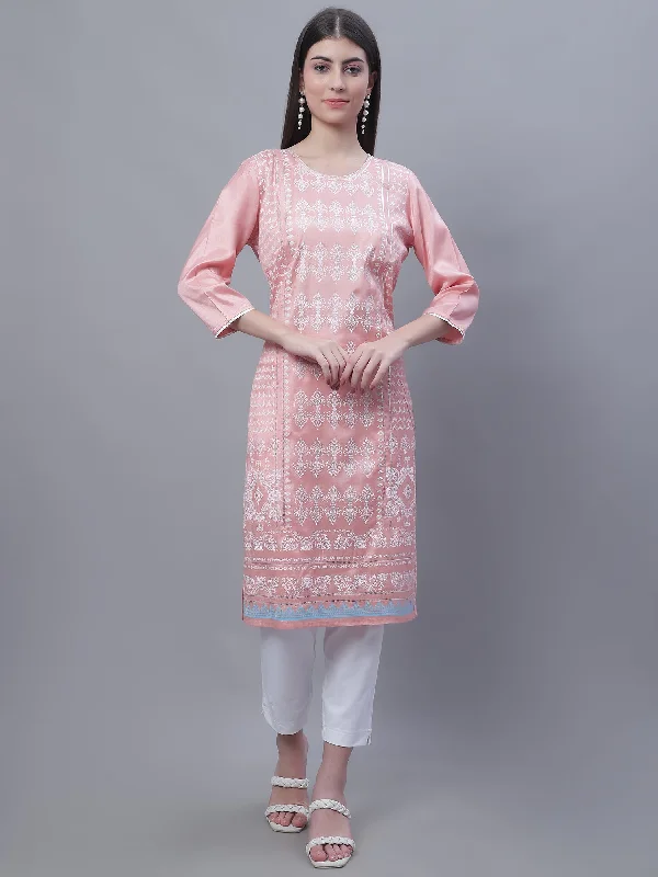 Women's Casual Round neck Peach All over Printed Knee length Kurti