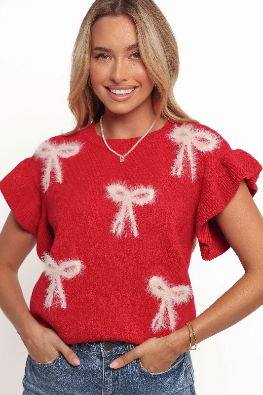 Cherish Ruffle Sleeve Bow Knit Sweater - Red