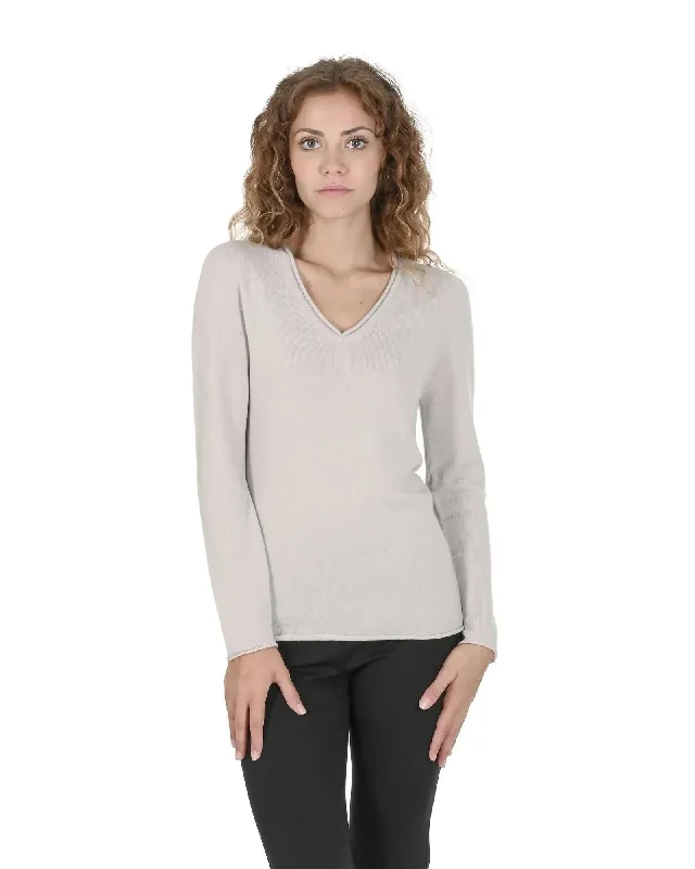 Crown of Edinburgh Cashmere Women's Premium Italian Cashmere V-Neck Sweater in Grey - 40 EU