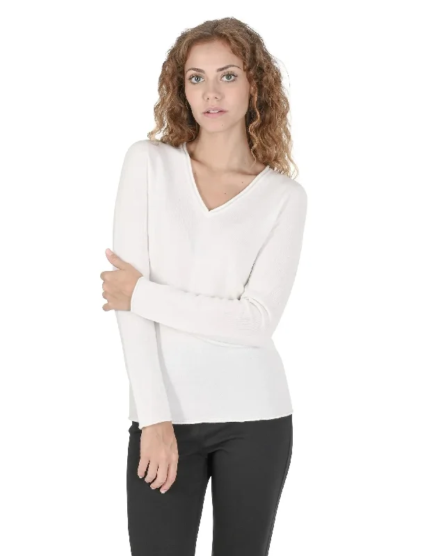 Crown of Edinburgh Cashmere Women's Premium Italian Cashmere V-Neck Sweater in Off white - 40 EU